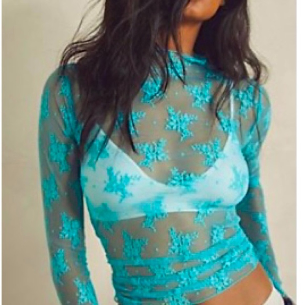 Free People Lady Lux Lace Layering Top XS Aqua